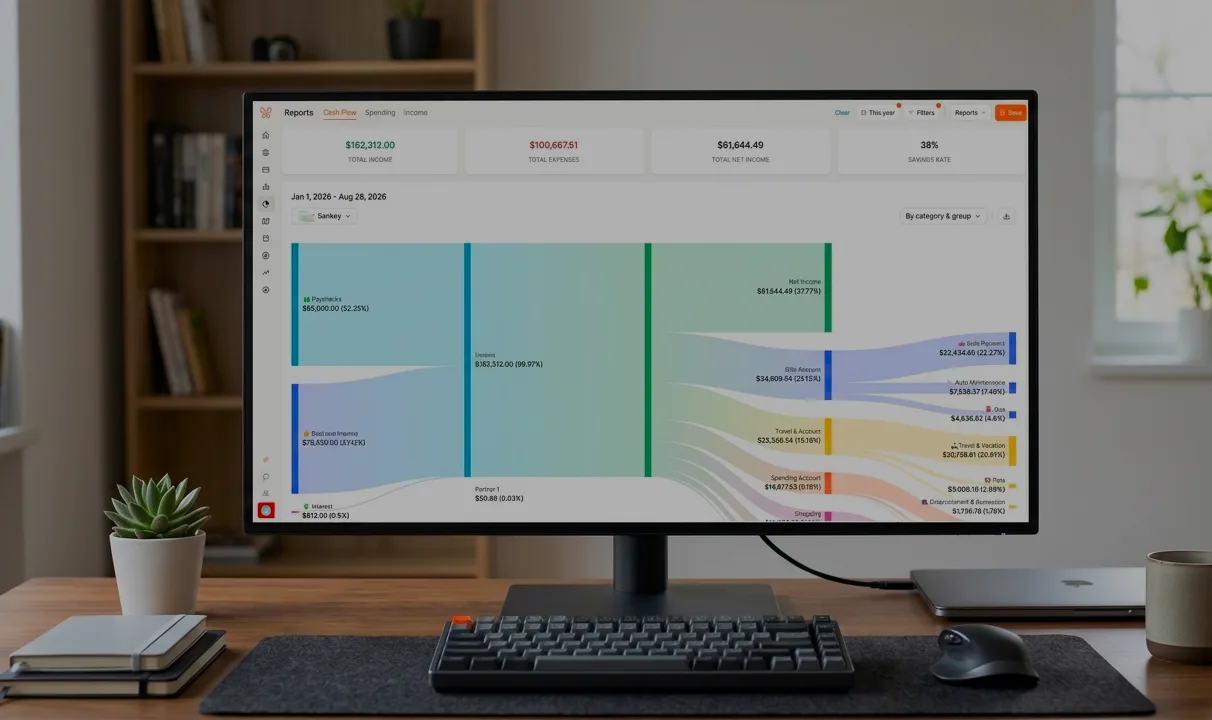 A desktop monitor showing a cash-flow report on a home desk
