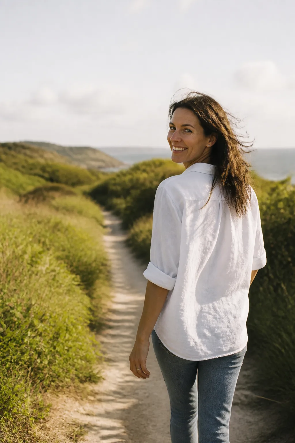 A person walking a coastal trail, looking back with an easy smile